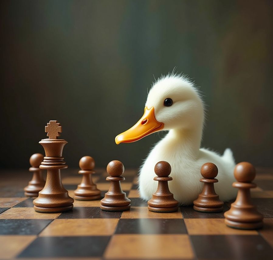 Vintage-style illustration of a chessboard with a duck piece, a black king, and a white pawn, with the title 'Checkmate, Duck Chess, and Beyond: The Questions Everyone’s Asking About Chess' in bold serif font on an aged parchment background.