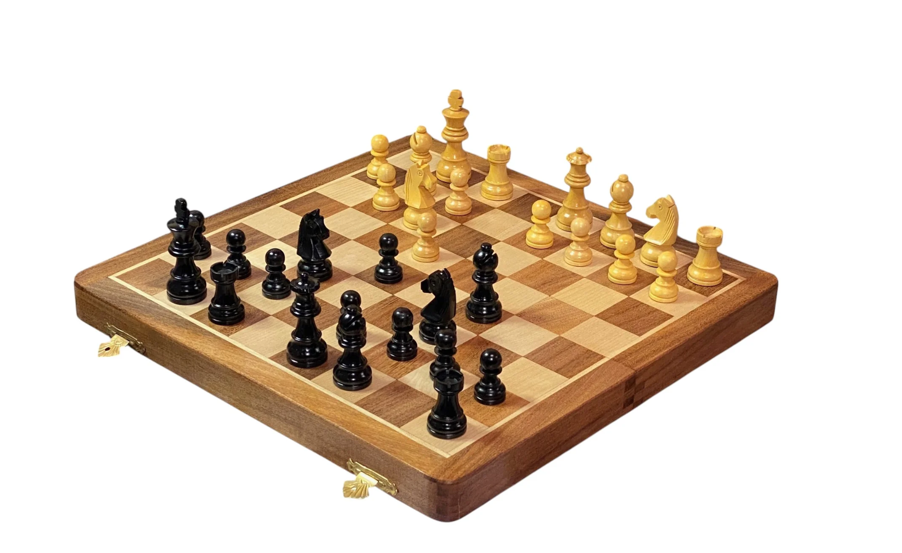 14" Folding Magnetic Black and Natural Pieces Chess Set - CHESSMAZE STORE UK