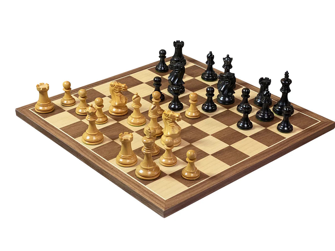 Elite Ebonised Chess Pieces, 15.75" Walnut Board & Slide Top Box - CHESSMAZE STORE UK