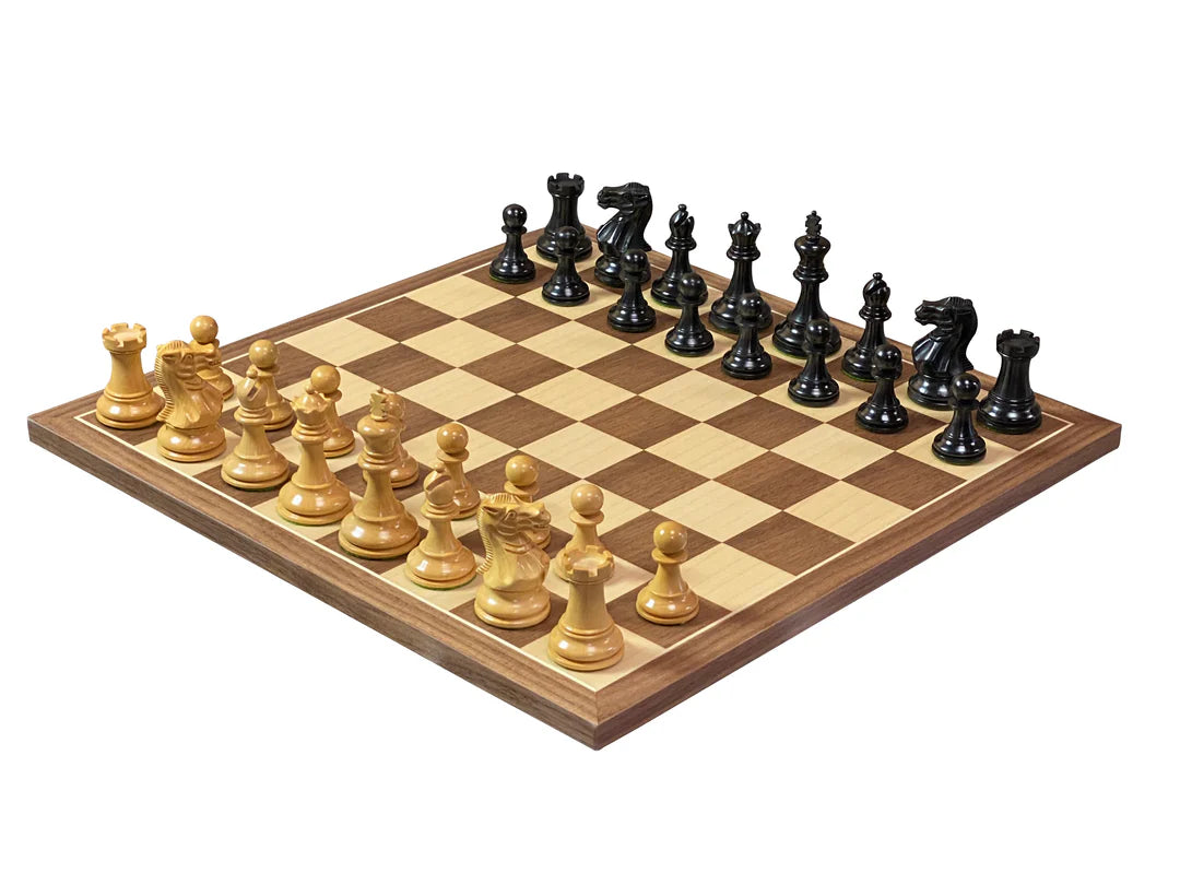Elite Ebonised Chess Pieces, 15.75" Walnut Board & Slide Top Box - CHESSMAZE STORE UK