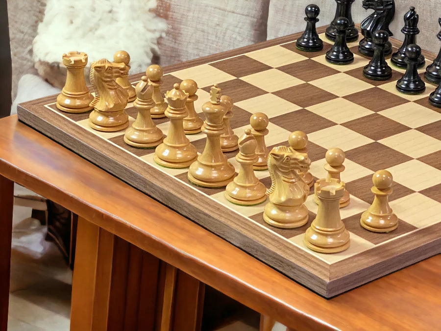 Elite Ebonised Chess Pieces, 15.75" Walnut Board & Slide Top Box - CHESSMAZE STORE UK