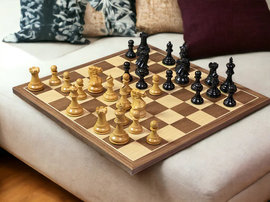 Elite Ebonised Chess Pieces, 15.75" Walnut Board & Slide Top Box - CHESSMAZE STORE UK
