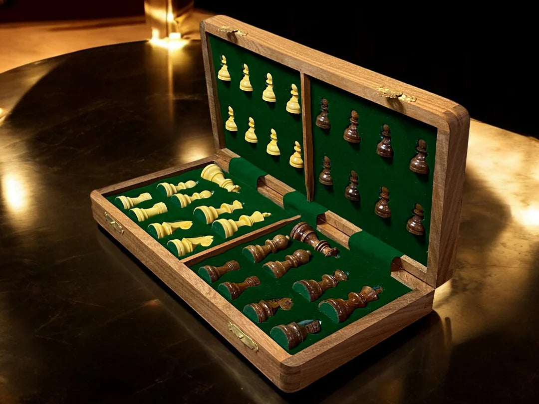 14" Hand Made Acacia Magnetic Folding Chess Set - CHESSMAZE STORE UK