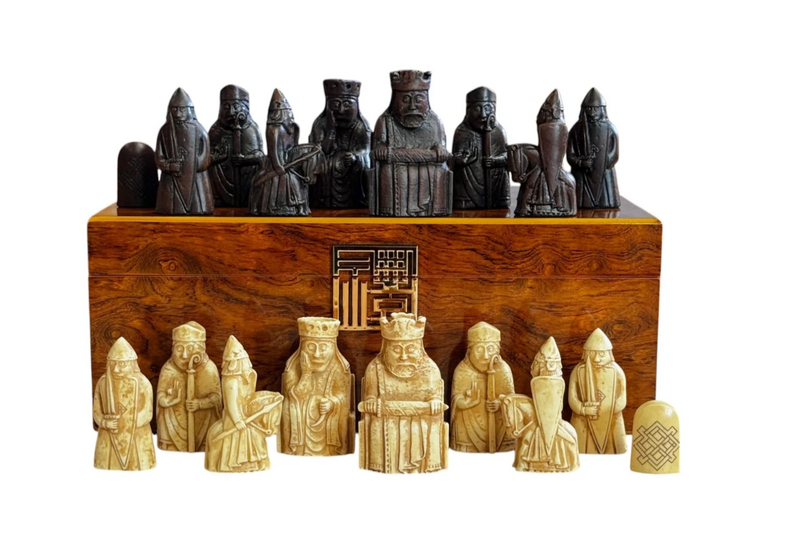 Isle of Lewis Chess Set with Deluxe Walnut Burlroot Box - CHESSMAZE STORE UK