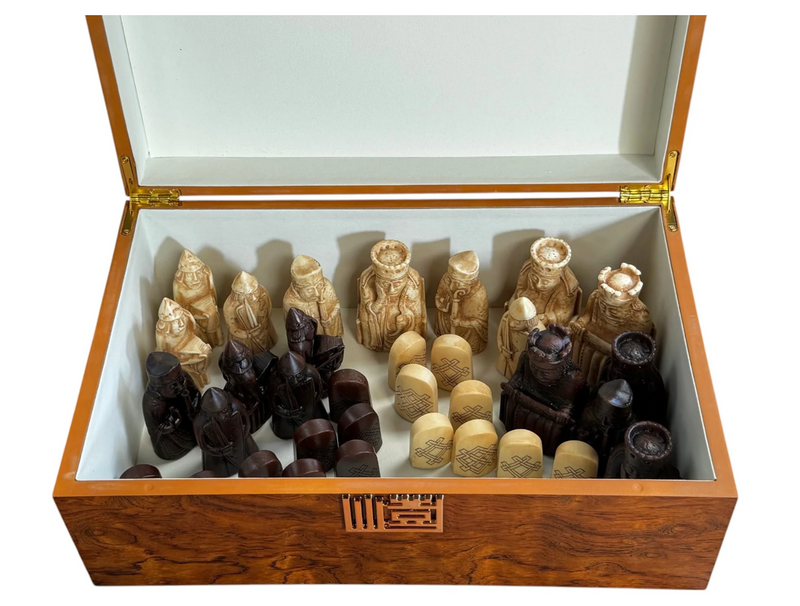 Isle of Lewis Chess Set with Deluxe Walnut Burlroot Box - CHESSMAZE STORE UK