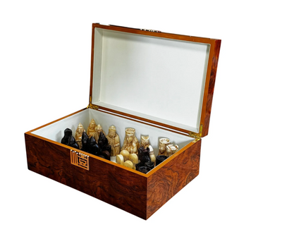 Isle of Lewis Chess Set with Deluxe Walnut Burlroot Box - CHESSMAZE STORE UK