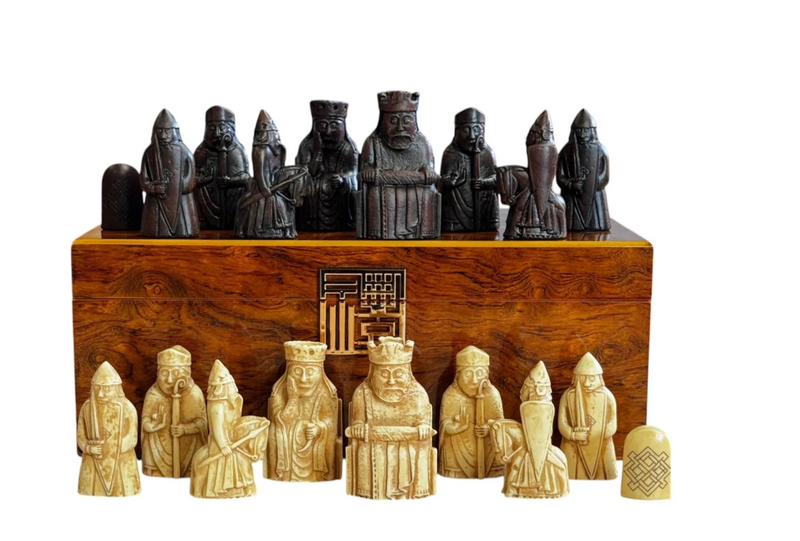 Isle of Lewis Chess Set with Deluxe Walnut Burlroot Box - CHESSMAZE STORE UK