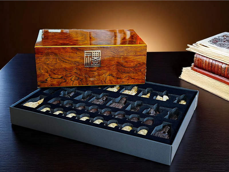 Isle of Lewis Chess Set with Deluxe Walnut Burlroot Box - CHESSMAZE STORE UK