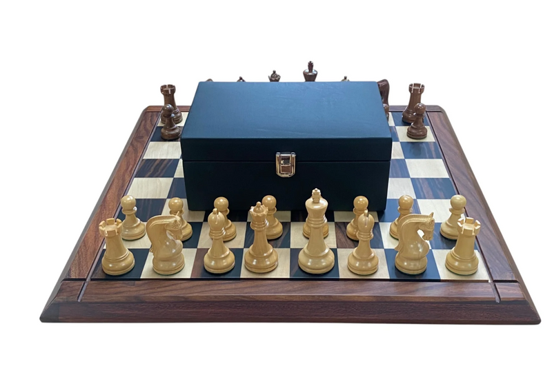Leningrad Acacia Chess Pieces with Deluxe Ebony Rosewood Chessboard & Vinyl Box - CHESSMAZE STORE UK