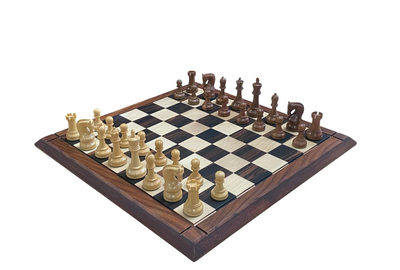 Leningrad Acacia Chess Pieces with Deluxe Ebony Rosewood Chessboard & Vinyl Box - CHESSMAZE STORE UK