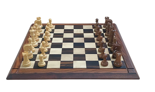 Leningrad Acacia Chess Pieces with Deluxe Ebony Rosewood Chessboard & Vinyl Box - CHESSMAZE STORE UK