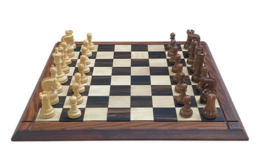 Leningrad Acacia Chess Pieces with Deluxe Ebony Rosewood Chessboard & Vinyl Box - CHESSMAZE STORE UK