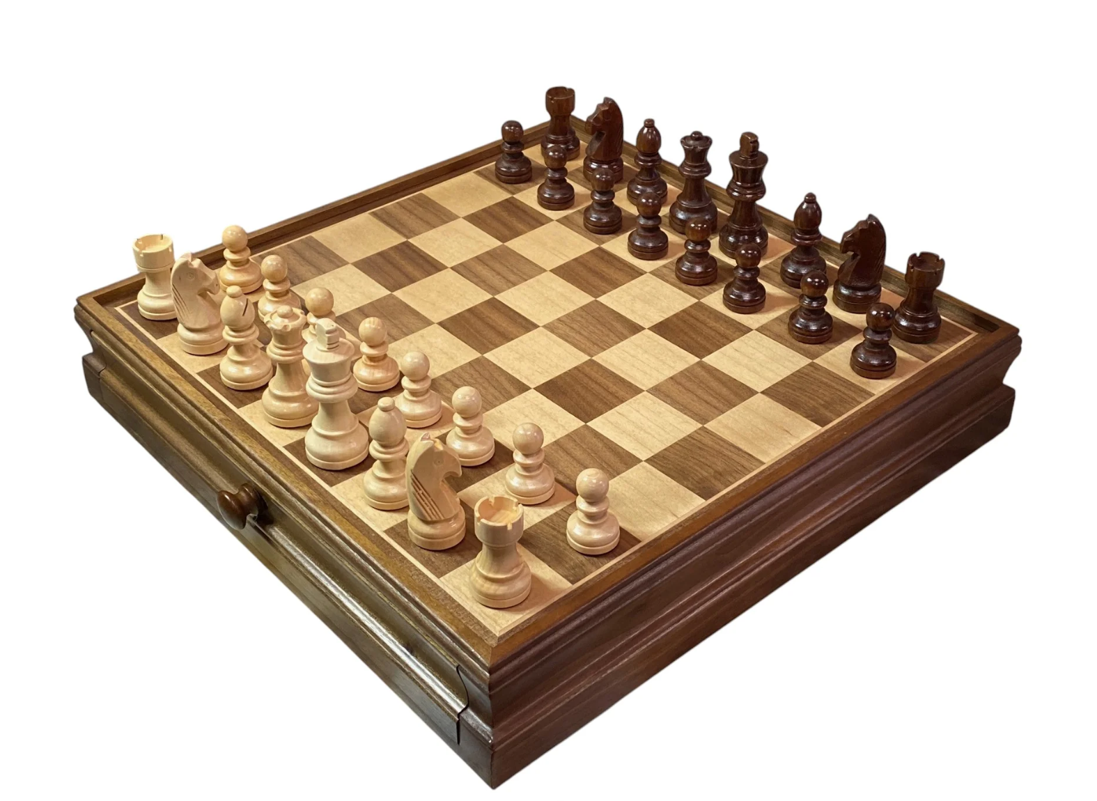 Economy Walnut Drawer Chess & Draughts Set — 15 Inch - CHESSMAZE STORE UK