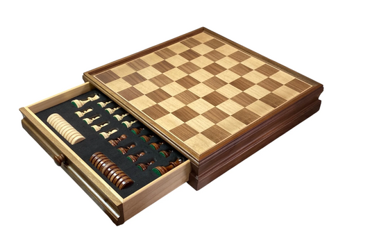 Economy Walnut Drawer Chess & Draughts Set — 15 Inch - CHESSMAZE STORE UK