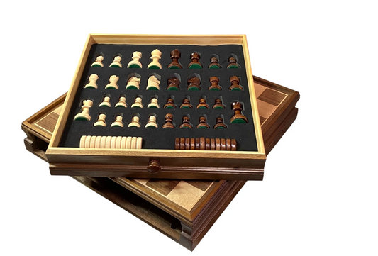 Economy Walnut Drawer Chess & Draughts Set — 15 Inch - CHESSMAZE STORE UK