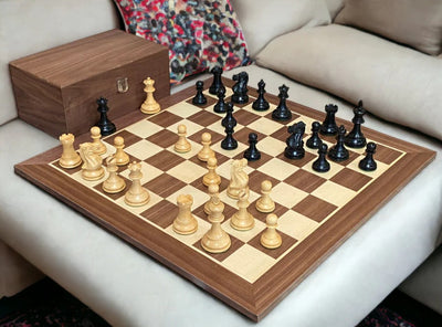 Elite Players Ebonised Chessmen, 19" Walnut Chessboard & Mahogany Box - CHESSMAZE STORE UK
