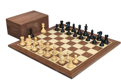 Elite Players Ebonised Chessmen, 19" Walnut Chessboard & Mahogany Box - CHESSMAZE STORE UK