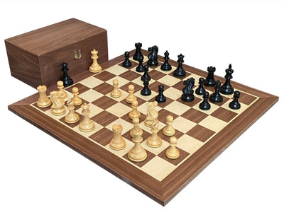 Elite Players Ebonised Chessmen, 19" Walnut Chessboard & Mahogany Box - CHESSMAZE STORE UK