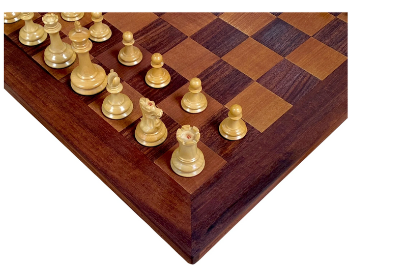 Leuchars Cooke 1849 Reproduction Chess Set with Antiqued 21-Inch Chessboard - Slide Lid Box - CHESSMAZE STORE UK
