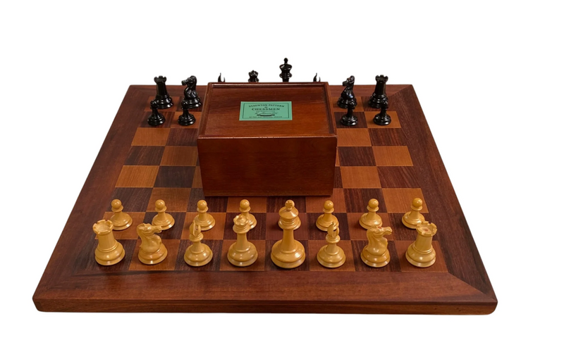 Leuchars Cooke 1849 Reproduction Chess Set with Antiqued 21-Inch Chessboard - Slide Lid Box - CHESSMAZE STORE UK