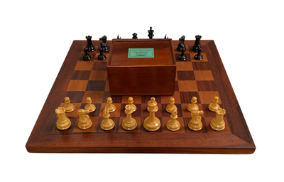 Leuchars Cooke 1849 Reproduction Chess Set with Antiqued 21-Inch Chessboard - Slide Lid Box - CHESSMAZE STORE UK