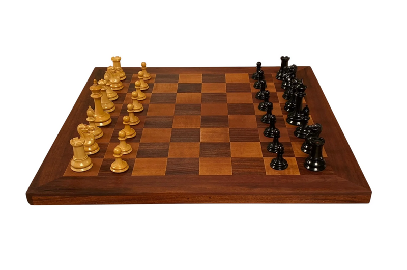 Leuchars Cooke 1849 Reproduction Chess Set with Antiqued 21-Inch Chessboard - Slide Lid Box - CHESSMAZE STORE UK