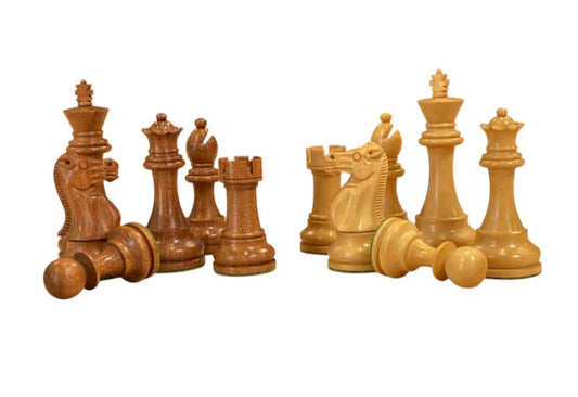 British Deluxe Acacia & Boxwood Staunton Chess Pieces – 4-Inch King - CHESSMAZE STORE UK