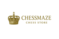 word logo in dark gold colour CHESSMAZE CHESS STORE andd a kings crown before the word and a nion jack circle for the stop 