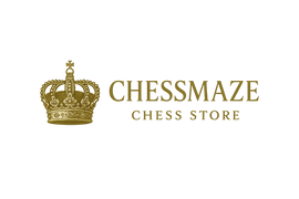 word logo in dark gold colour CHESSMAZE CHESS STORE andd a kings crown before the word and a nion jack circle for the stop 