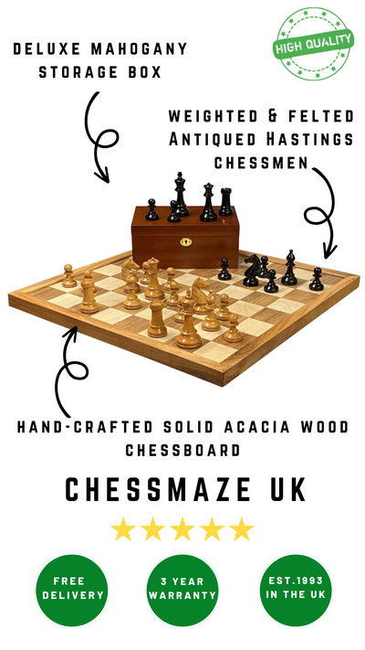 22" Acacia Boxwood Chessboard, Hastings Chess Pieces, & Mahogany Storage Box -  CHESSMAZE STORE UK 